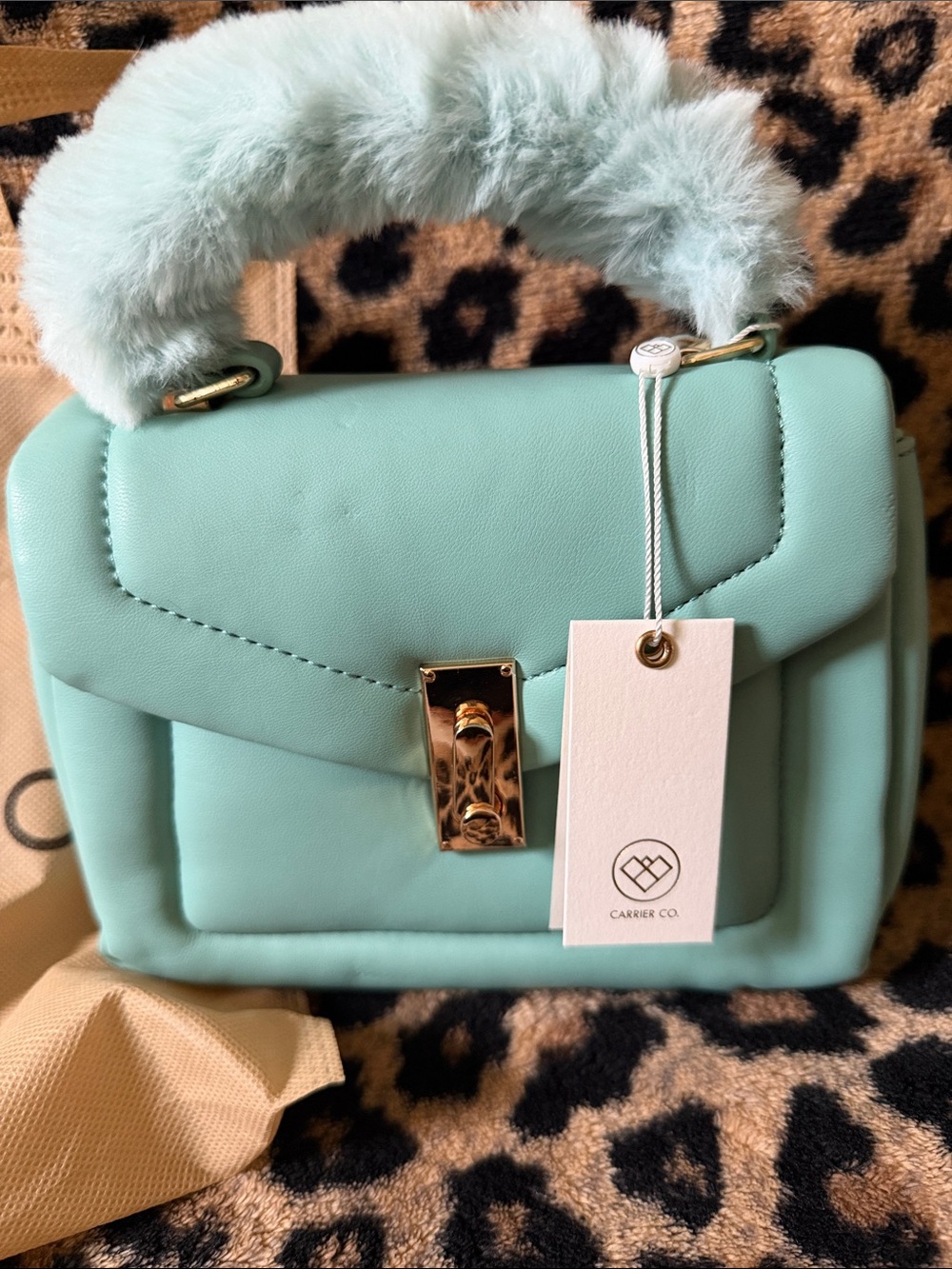Mint Mini Top-Handle Bag with Faux-Fur Handle